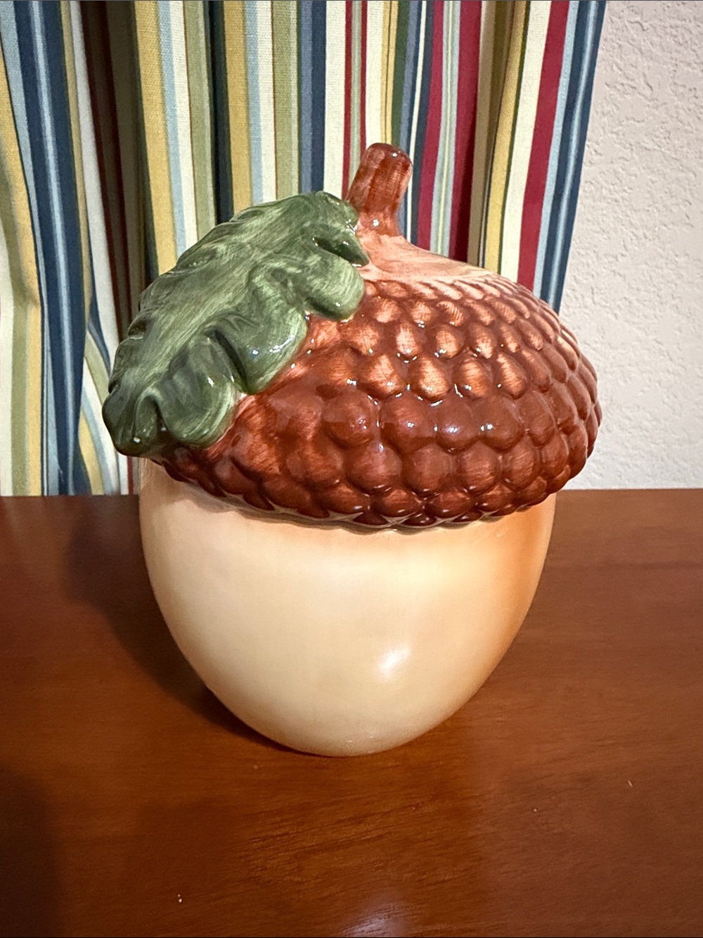 Vintage Ceramic Acorn Candy/Cookie Jar with Green Leaf Lid